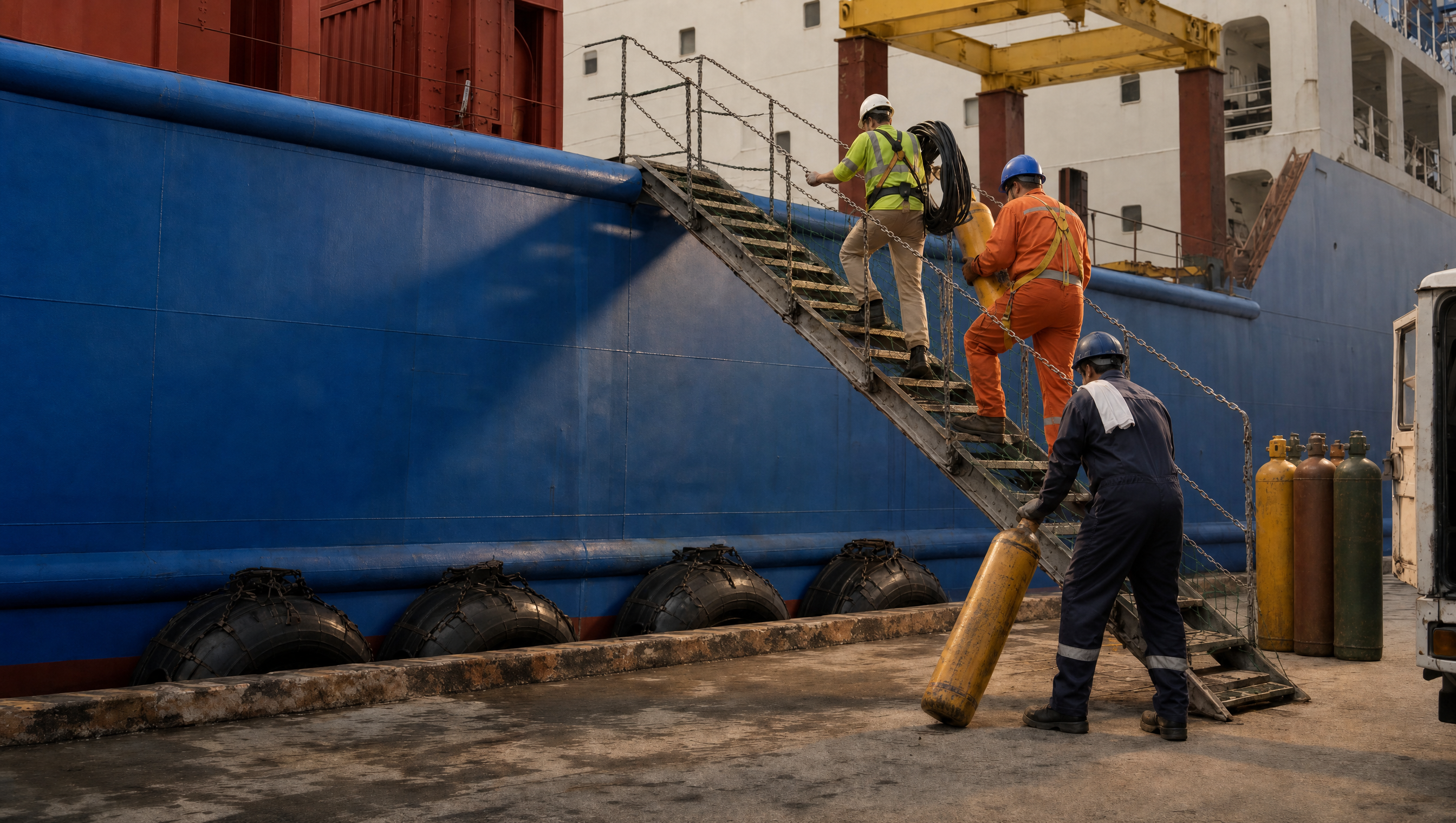 A marine service team carrying equipment aboard a working vessel in port